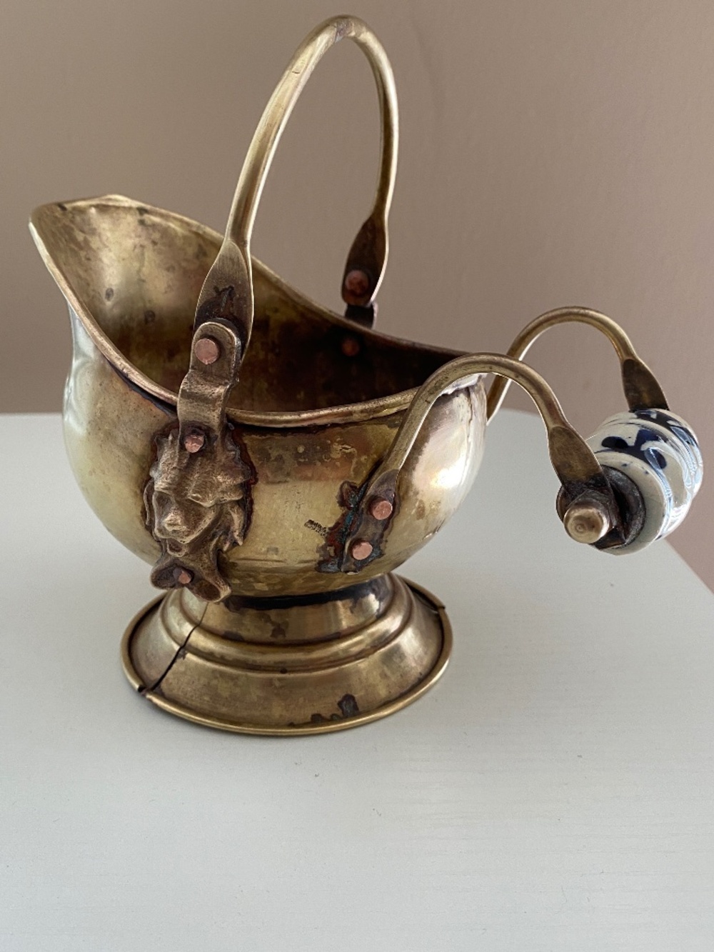 Antique Hand Crafted Mini Pitcher With Lion Heads & Blue White Painted Handle - Picture 4 of 14